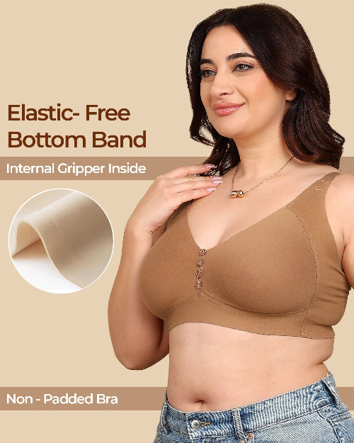 Woman wearing a brown non-padded bra with text highlighting features on a beige background