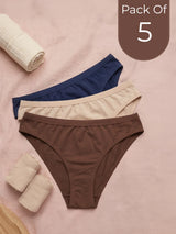 Cotton Medium Coverage Bikini Cut Panty with Soft Waistband (Pack of 5)(TW-71) (3 Skin+1 Coffee+1 Navy Blue)