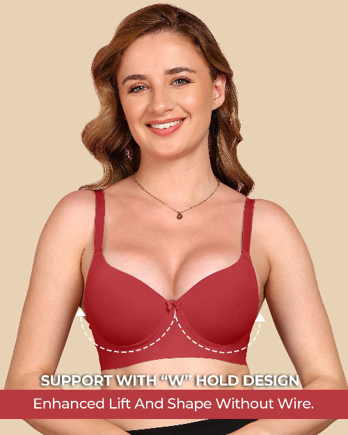 Woman wearing a red bra with text highlighting support features on a beige background