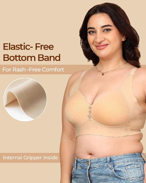 Woman wearing a beige compression garment with text about elastic-free bottom band on a beige background