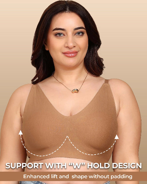 Woman wearing a brown bra with text highlighting 'W' hold design on a beige background