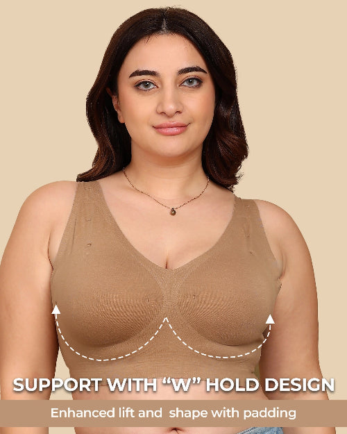 Woman wearing a beige support bra with text highlighting 'W' hold design on a beige background