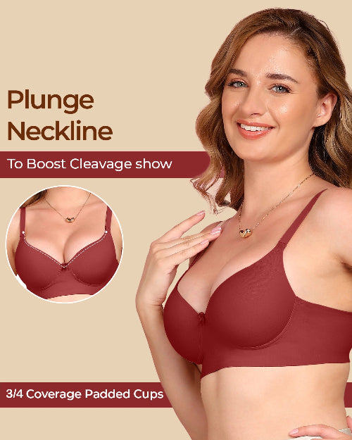 Woman wearing a burgundy bra with text highlighting features on a beige background