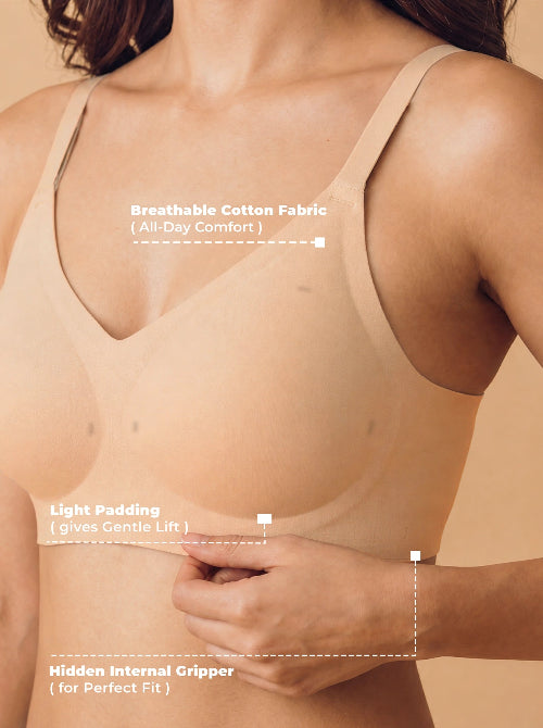 Beige bra with text highlighting features on a beige background