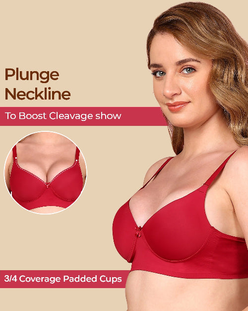Woman wearing a red bra with text highlighting features on a beige background