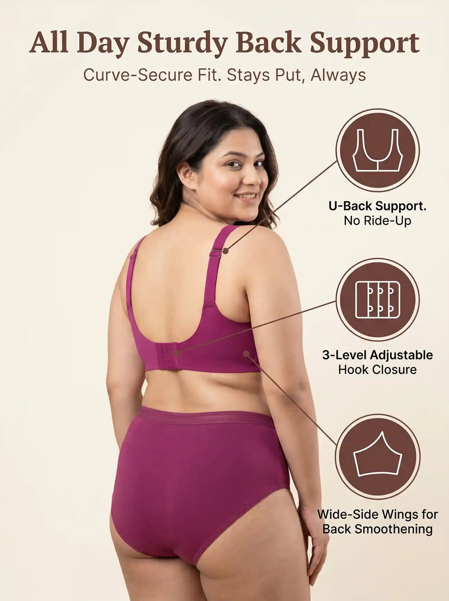 Cotton Plus Size Padded Bonded Bra | Full Coverage & Mid Rise Flexifit Hipster Panty Lingerie Set (TW-SB-918&63)(Wine)