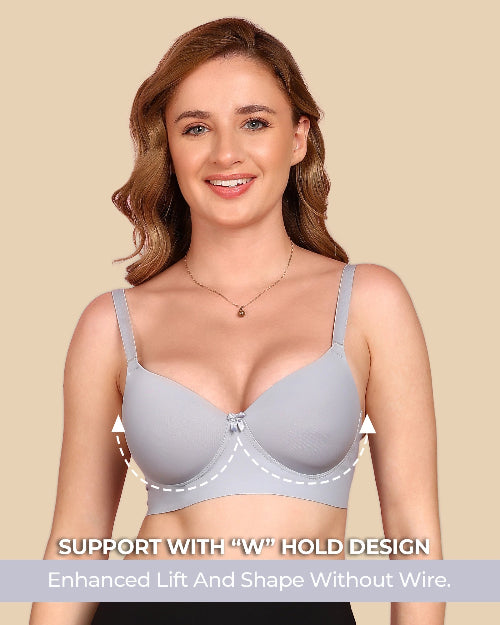 Woman wearing a gray bra with text highlighting support features on a beige background
