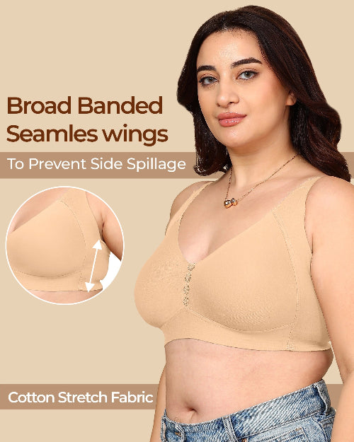 Woman wearing a beige bra with text about seamles wings to prevent side spillage on a beige background.