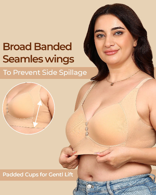 Woman wearing a beige bra with text highlighting features on a beige background