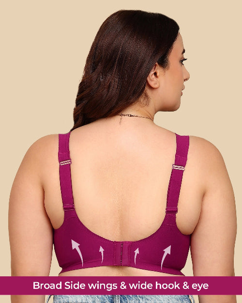 Woman wearing a purple bra with text highlighting features on a beige background