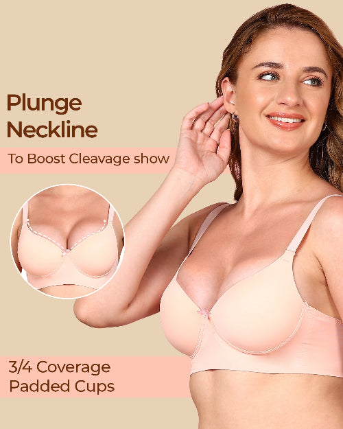 Woman wearing a beige bra with text highlighting features on a beige background