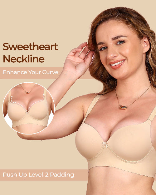 Woman wearing a beige bra with 'Sweetheart Neckline' text and inset showing neckline detail.