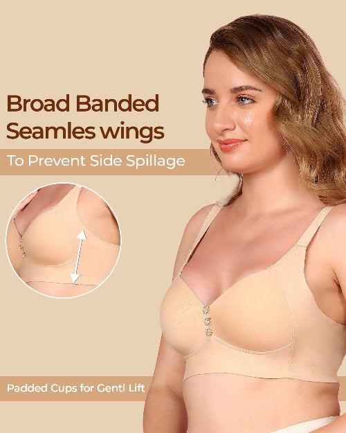 Woman wearing a beige bra with text highlighting features on a beige background