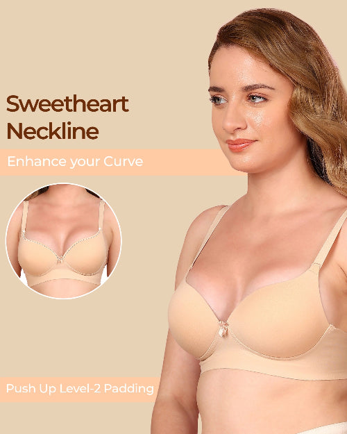 Woman wearing a beige bra with 'Sweetheart Neckline' text and inset showing close-up of neckline.
