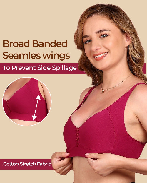 Woman wearing a red bra with text about 'Broad Banded Seamles wings' on a beige background
