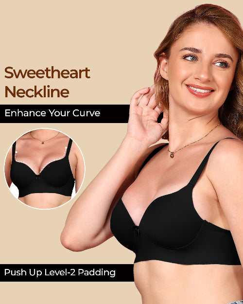 Woman wearing a black bra with 'Sweetheart Neckline' text and inset showing bra details.