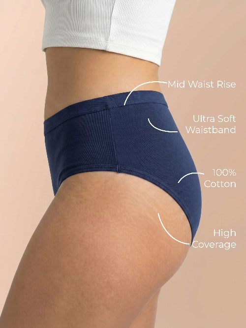 Navy blue underwear with text labels on a beige background