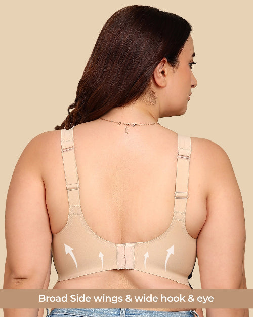Woman wearing a beige back support brace with text on a beige background
