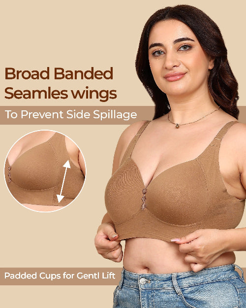Woman wearing a brown bra with text highlighting features on a beige background
