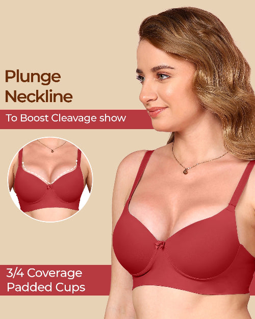 Woman wearing a red bra with plunge neckline and 3/4 coverage, on a beige background.