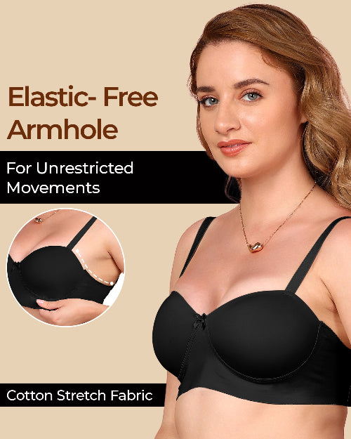 Woman wearing a black bra with text highlighting elastic-free armhole design on a beige background
