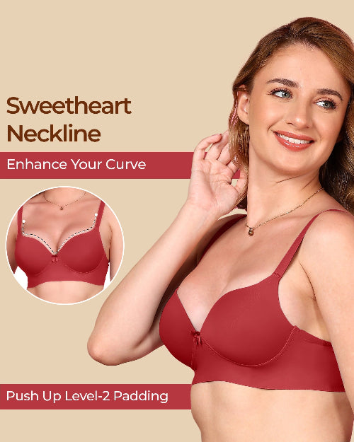 Woman wearing a red bra with 'Sweetheart Neckline' text and inset showing bra details.