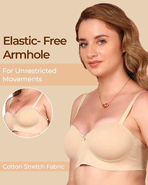 Woman wearing a beige bra with text highlighting 'Elastic-Free Armhole' and 'Cotton Stretch Fabric'.
