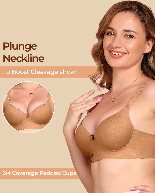 Woman wearing a beige bra with a plunge neckline on a beige background