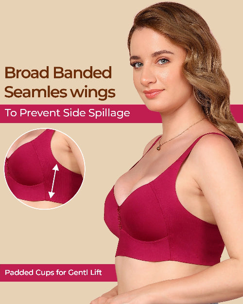 Woman wearing a red bra with text about broad banded seamles wings and padded cups on a beige background.