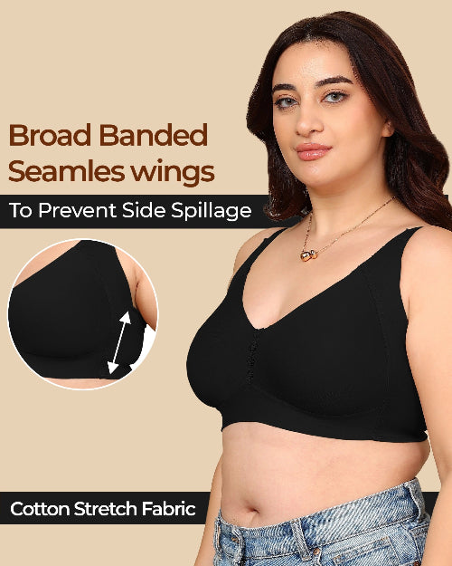 Woman wearing a black bra with text highlighting features on a beige background