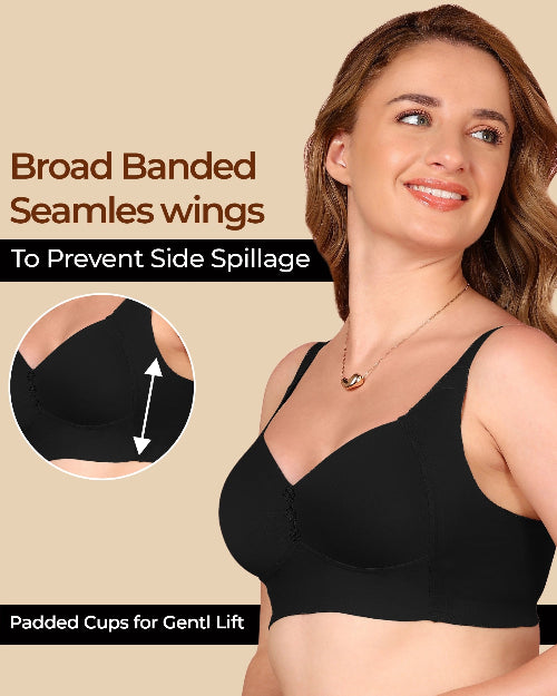 Woman wearing a black bra with text highlighting features on a beige background