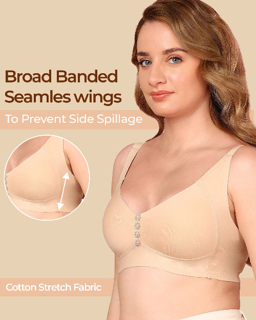 Woman wearing a beige bra with text highlighting features on a beige background