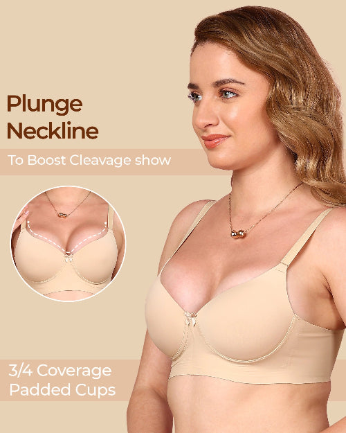 Woman wearing a beige bra with text highlighting features on a beige background