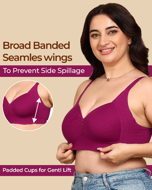 Woman wearing a purple bra with text highlighting features on a beige background
