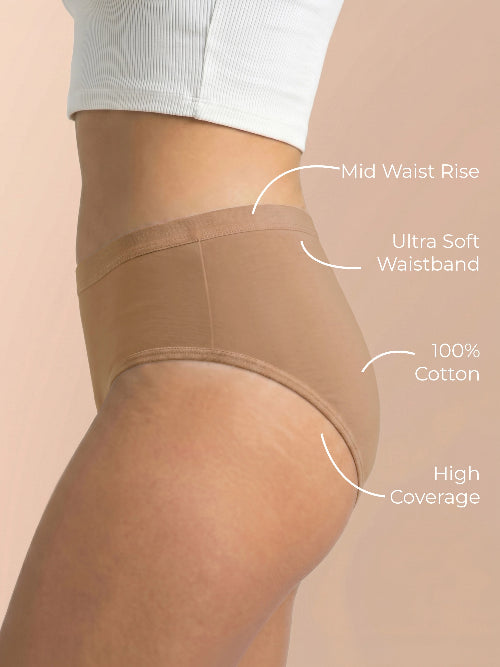 Beige shapewear with text labels on a beige background