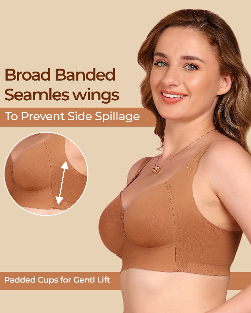 Woman wearing a brown bra with text highlighting features on a beige background