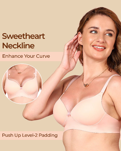 Woman wearing a beige bra with 'Sweetheart Neckline' text and inset showing bra details.