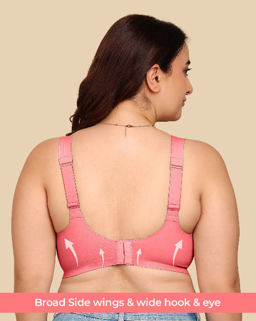 Woman wearing a pink bra with text highlighting features on a beige background