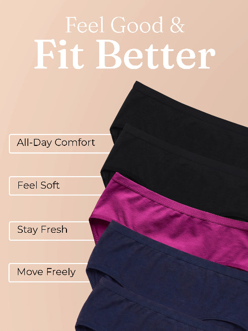 Stack of black, purple, and navy underwear with text on a beige background