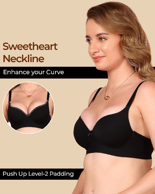 Woman wearing a black sweetheart neckline bra with text highlighting features on a beige background