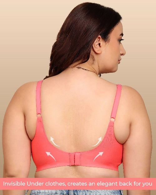 Woman wearing a pink bralette with text on a beige background