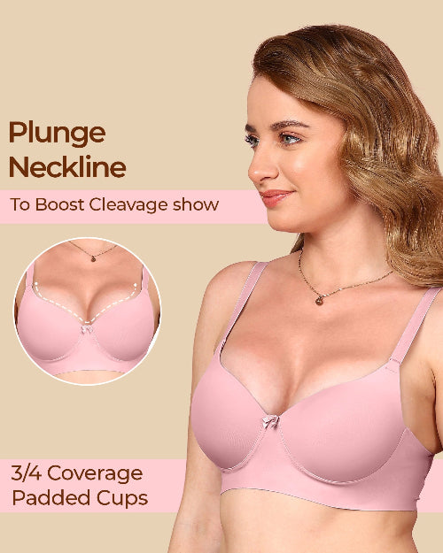 Woman wearing a pink bra with text highlighting features on a beige background