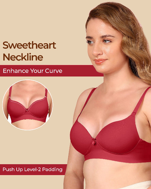 Red bra with sweetheart neckline on a beige background