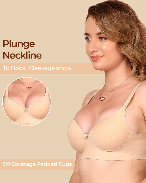 Woman wearing a beige bra with text highlighting features on a beige background