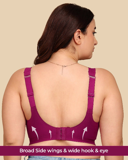 Woman wearing a purple bra with text highlighting features on a beige background