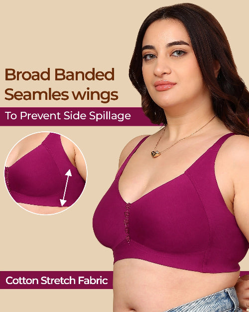 Woman wearing a purple bra with text about seamles wings and cotton stretch fabric on a beige background