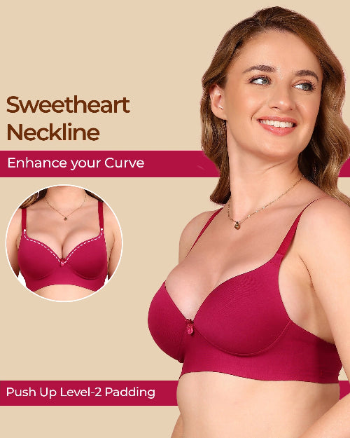 Woman wearing a red bra with 'Sweetheart Neckline' text and inset showing bra detail.
