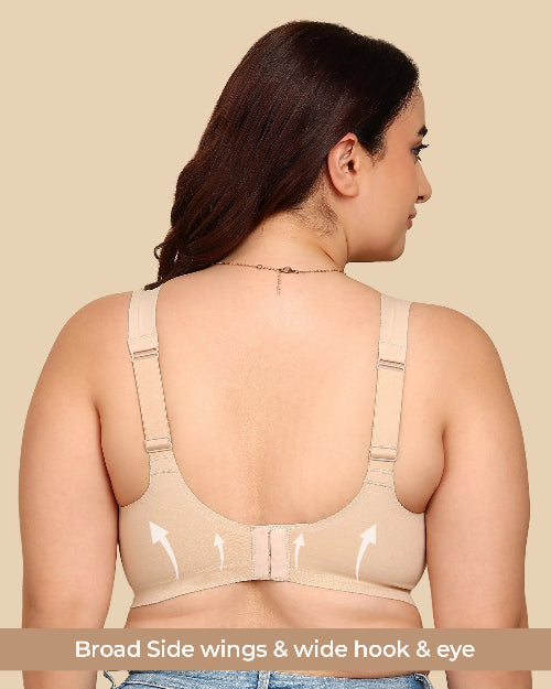 Woman wearing a beige bra with text highlighting features on a beige background