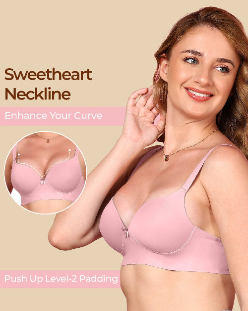Woman wearing a pink bra with 'Sweetheart Neckline' text and inset showing bra detail.