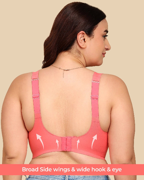 Woman wearing a pink bra with text highlighting features on a beige background